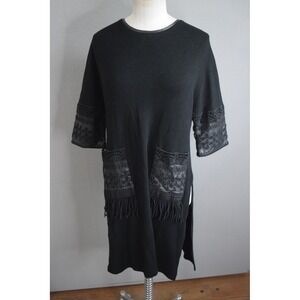 NISSA Dress Sweater Tunic 10 Black Leather Trim Lace Detail Fringe Pockets Slits